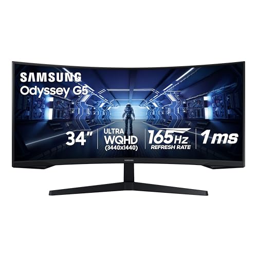 Samsung 34' Odyssey G5 Ultra-Wide Gaming Monitor with 1000R Curved Screen, 165Hz, 1ms, FreeSync Premium, Large Display, Eye Comfort, Multiple Ports, WQHD, LC34G55TWWNXZA, Black